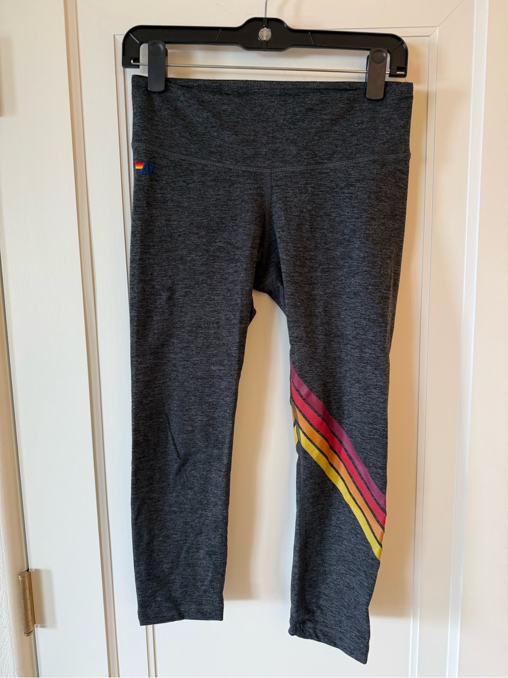 Aviator Nation medium Charcoal Leggings with Pink and Yellow Diagonal Stripes
